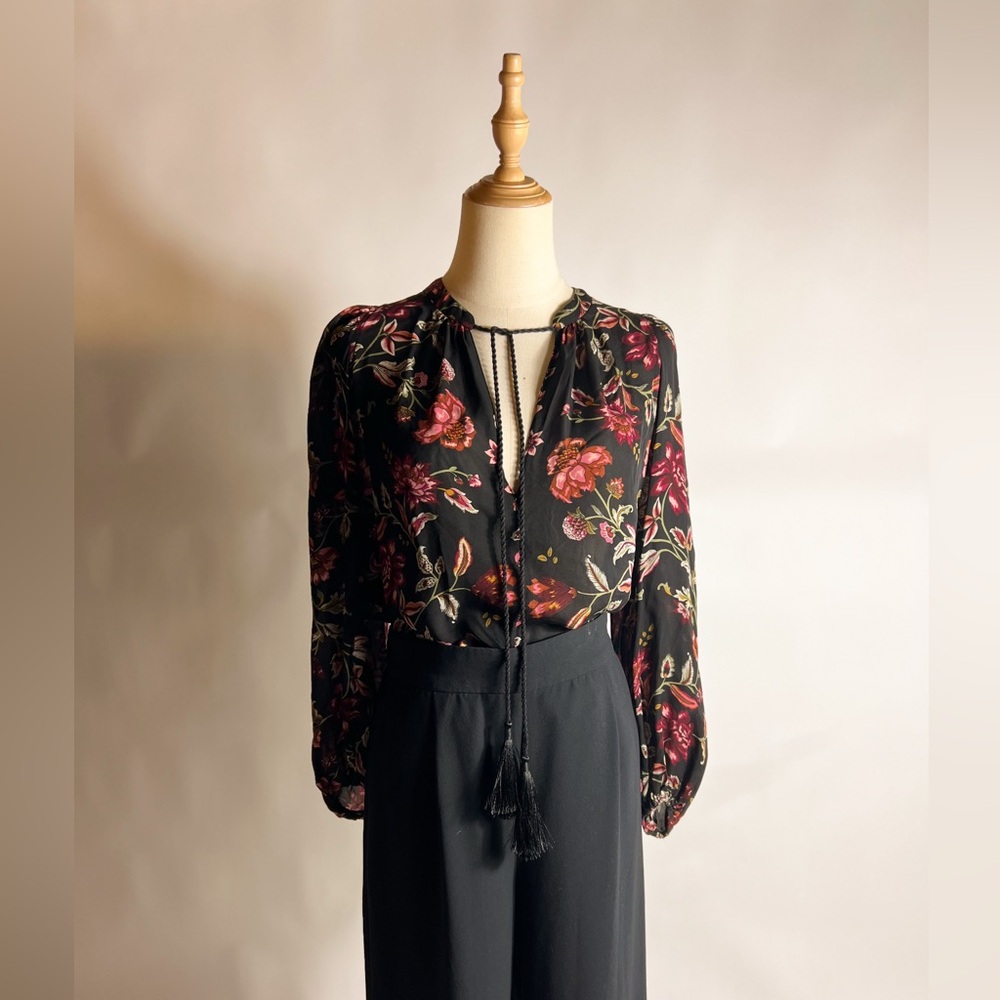 ALC Silk Red Black Tie Neck Flowy Blouse